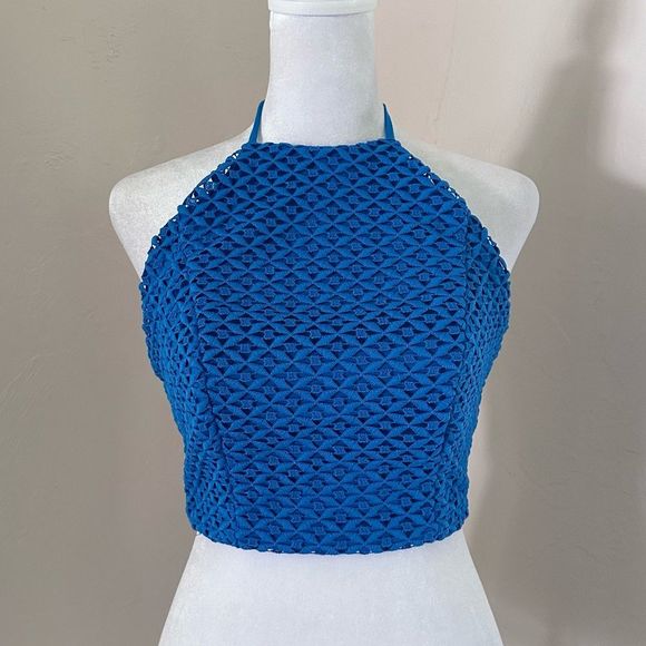 NWT Studio F Crochet Knit Blue Halter Crop Top XS - Colombian Designer - Picture 1 of 9